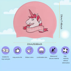 Cartoon Rainbow Horse Swim Cap, Waterproof Silicone, Long Hair Girls & Boys