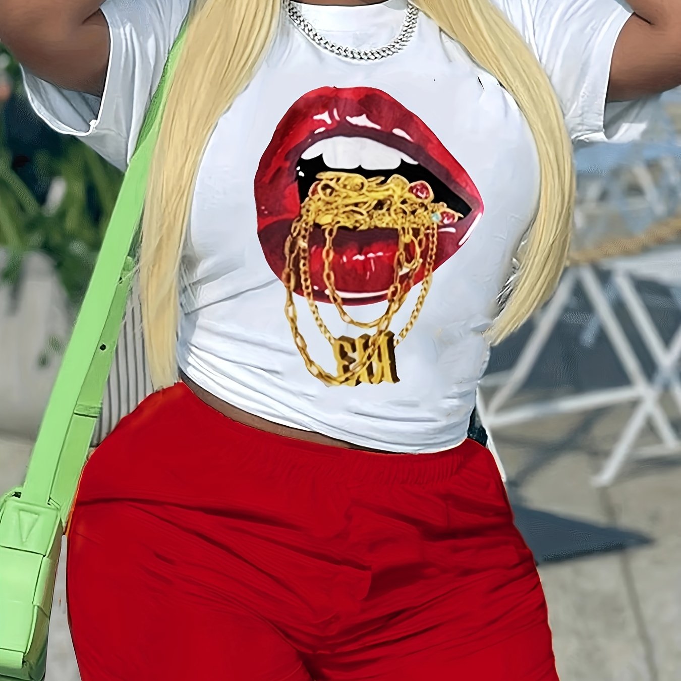 Women's Plus Red Lip Print Top & Shorts Set