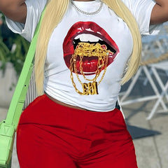 Women's Plus Red Lip Print Top & Shorts Set