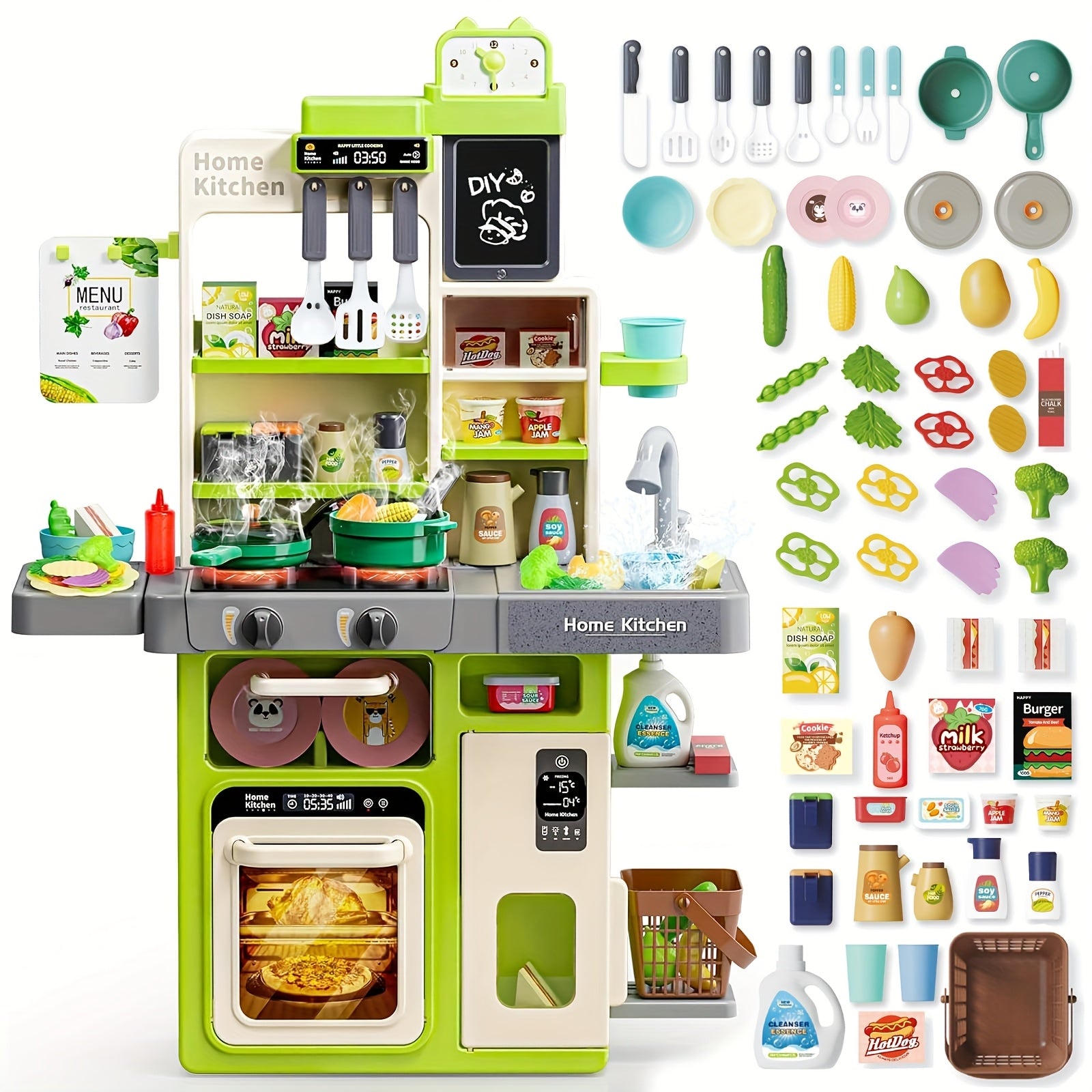 Kids Play Kitchen Set with Light Stove & Sink, Play Food Toy, Accessories
