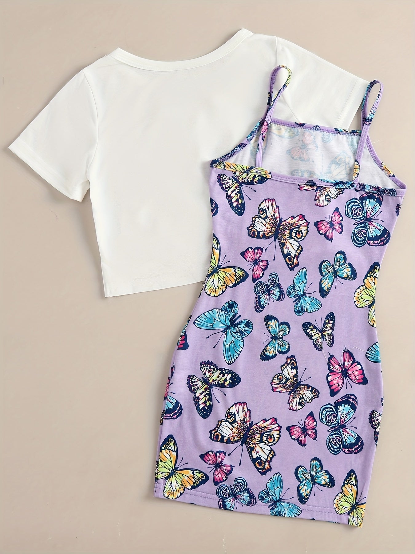 Girls Butterfly Knot Tee Top & Cami Dress Set for Party