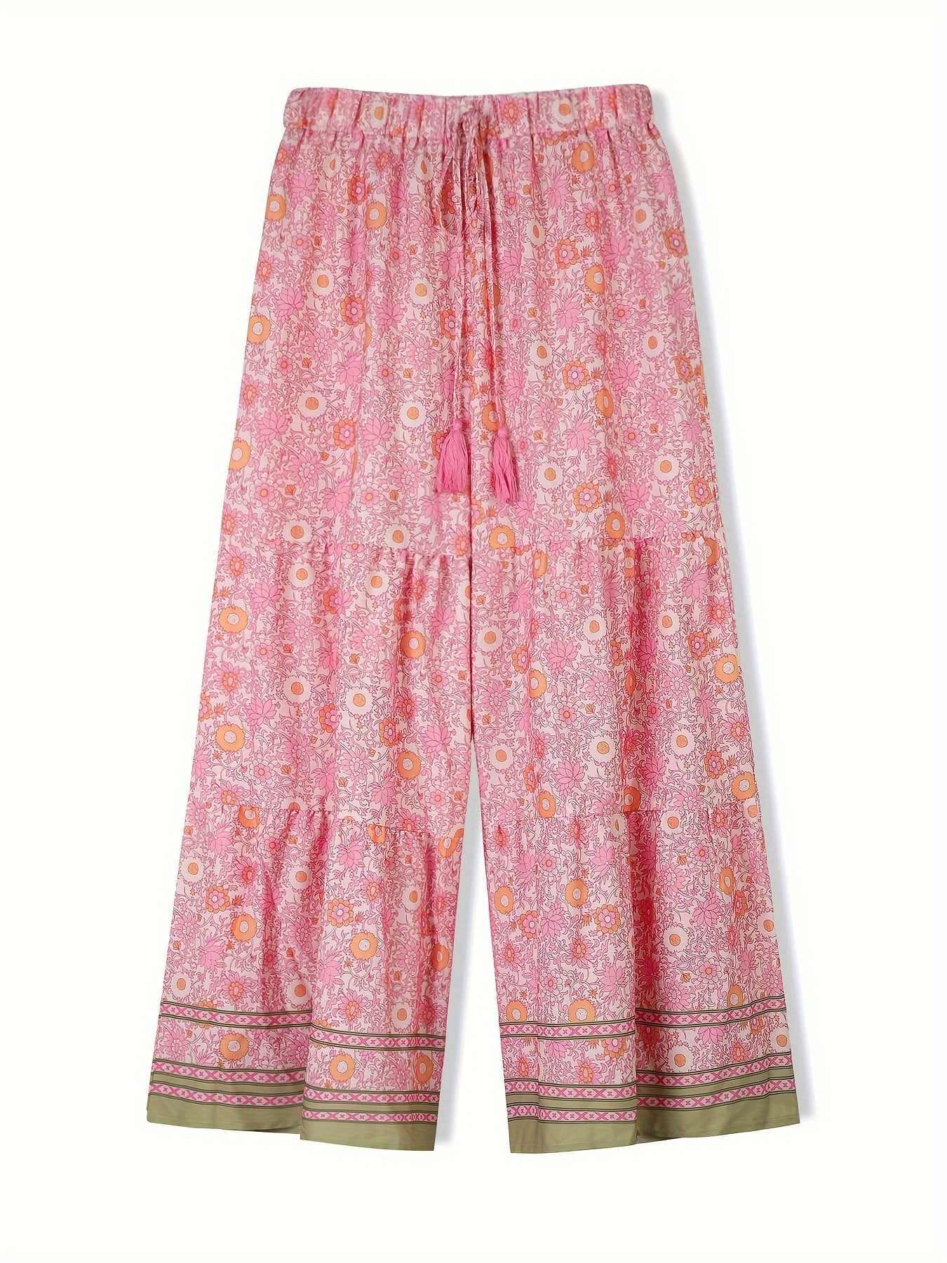 Boho Plus Size Wide Leg Pants Floral Tassel Drawstring