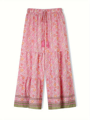 Boho Plus Size Wide Leg Pants Floral Tassel Drawstring