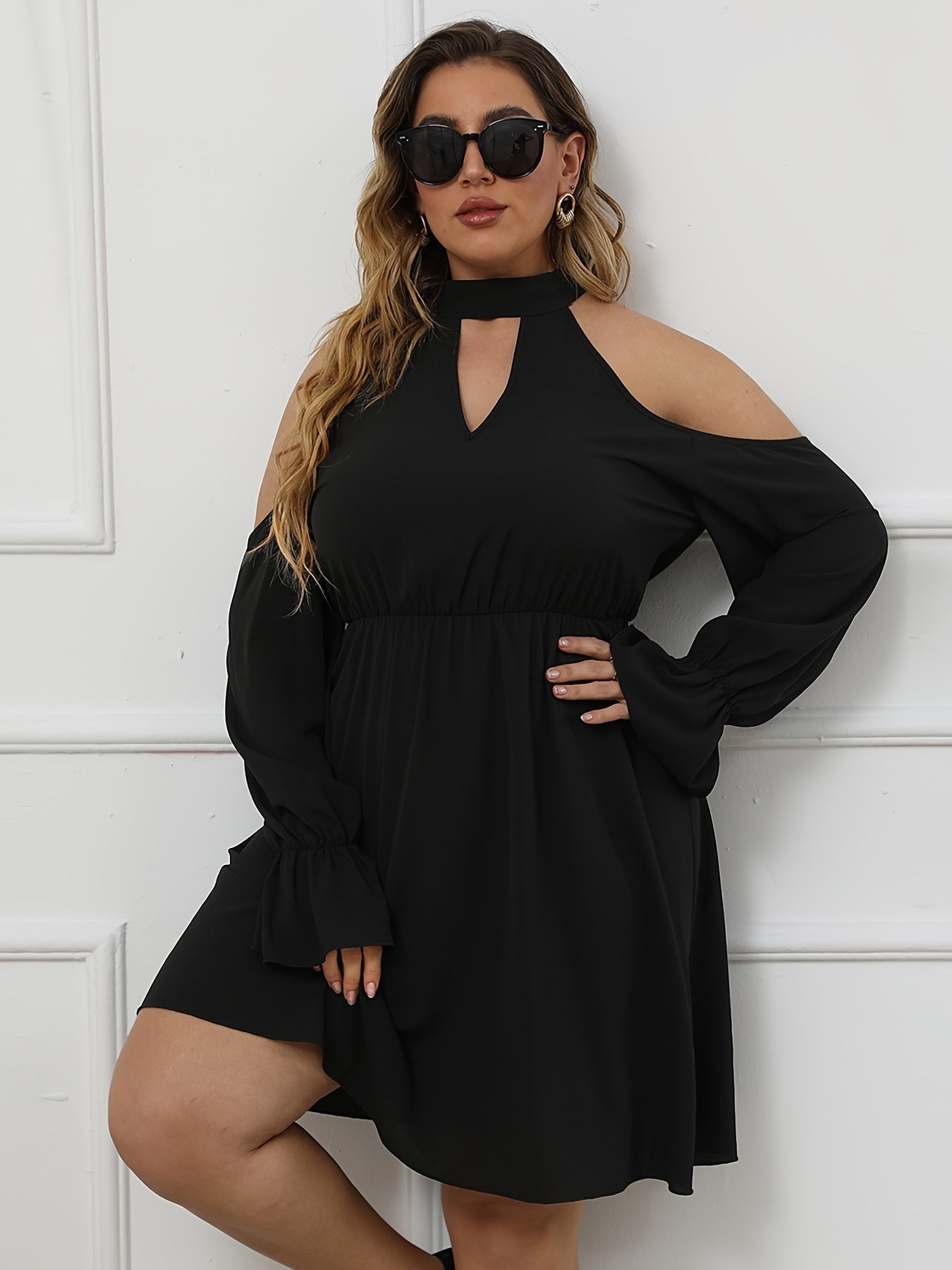  Solid Halter Neck Off Shoulder Cut Out Midi Dress