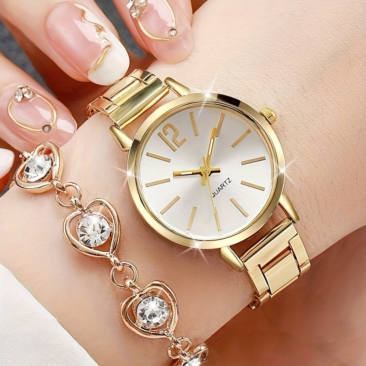 Zinc Alloy Round Pointer Quartz Watch & 5pcs Jewelry Set