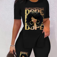 Lady Print Two piece Set Short Sleeve Crew Neck Side Split C