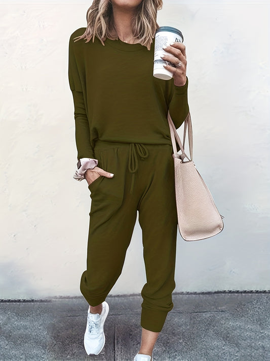  2 Piece Casual Outfit: Solid Top & Drawstring Pants Set