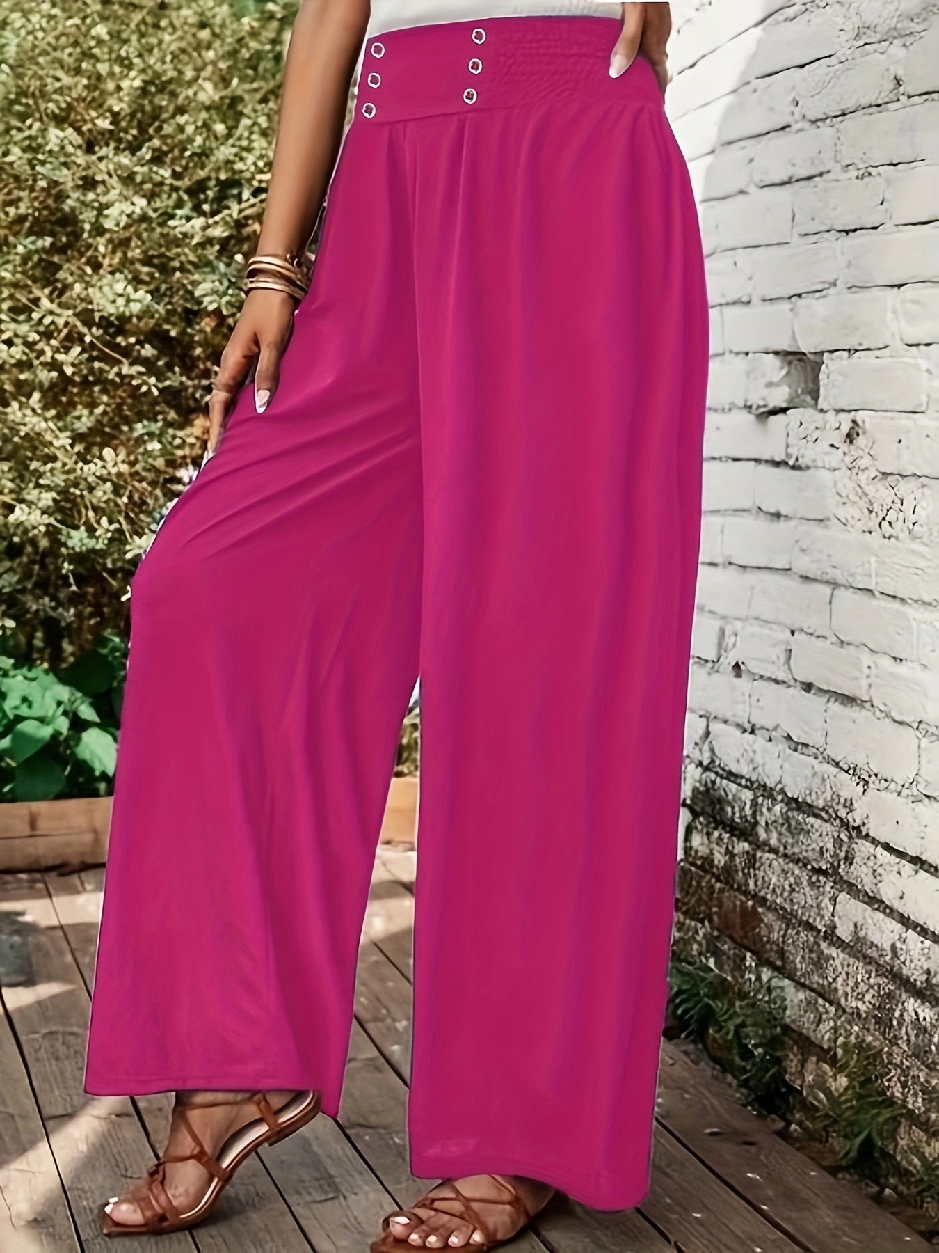 Women's Plus Solid Elastic Waist Button Wide Leg Pants