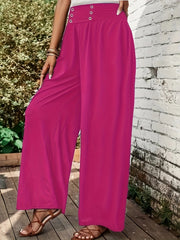 Women's Plus Solid Elastic Waist Button Wide Leg Pants