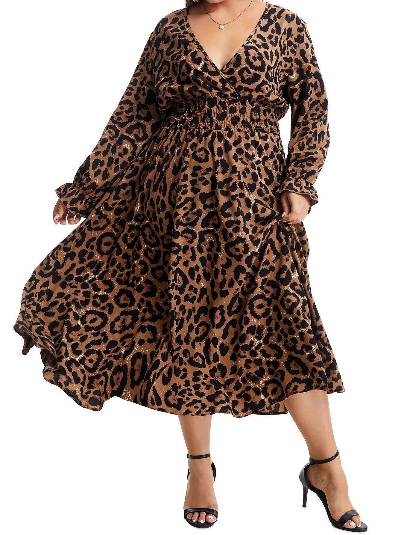  Leopard Print Long Sleeve Midi Dress