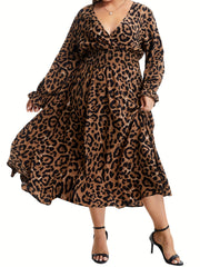  Leopard Print Long Sleeve Midi Dress