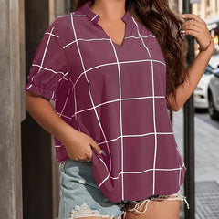  Grid Print Puff Sleeve Notched Neck Shirt Top