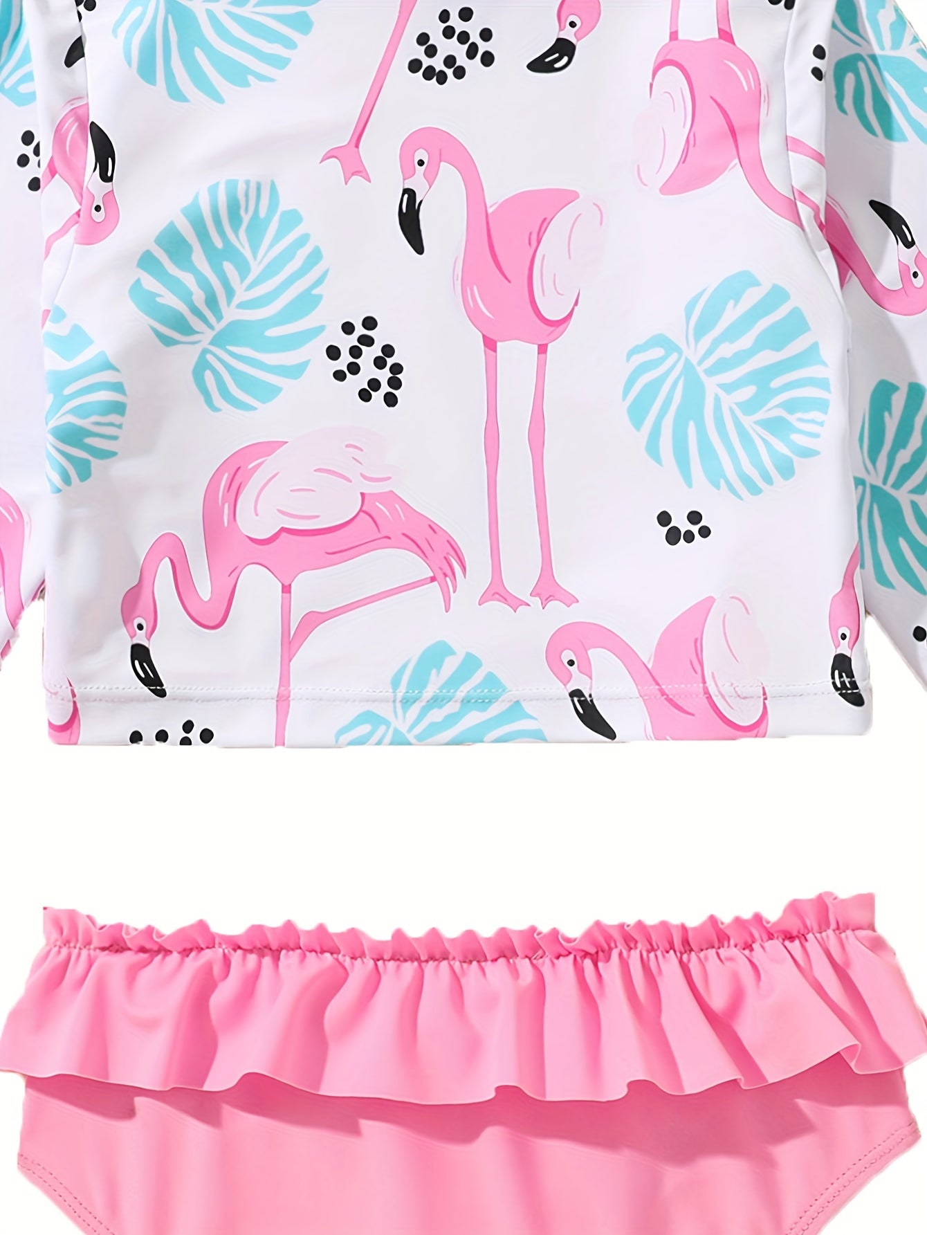 2pcs Girls Flamingo Sporty Swimsuit Set Long Sleeve Top Briefs