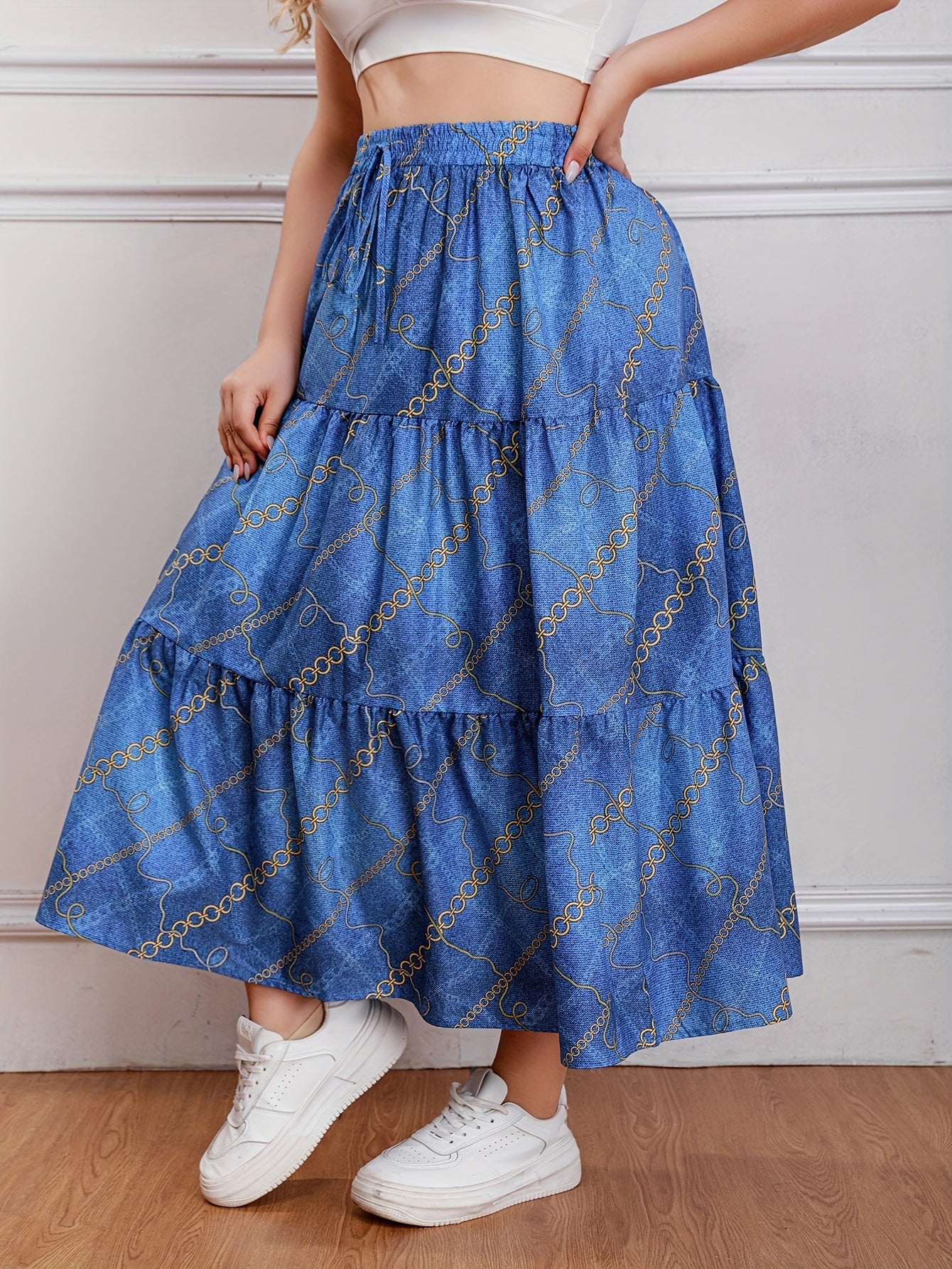  Casual Skirt Chain & Denim Print Drawstring Smock Maxi Skirt
