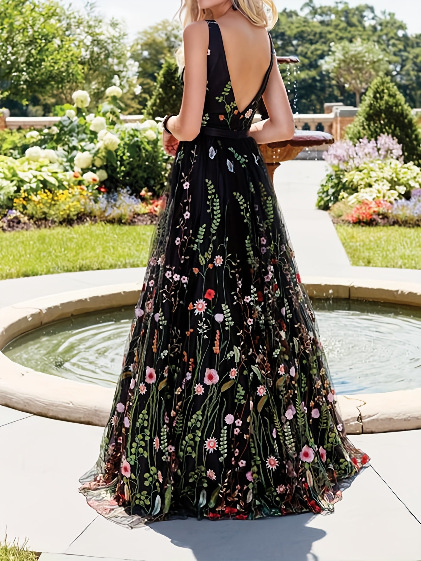  Floral Embroidered V Neck Maxi Party Dress