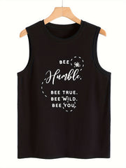 Bee & Letter Print Sleeveless Sports Vest Round Neck Top