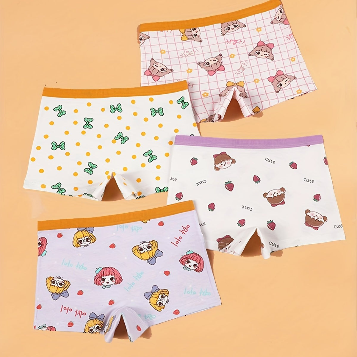 4pcs Cartoon Girl's Cotton Boxer Briefs Elastic Waist Shorts