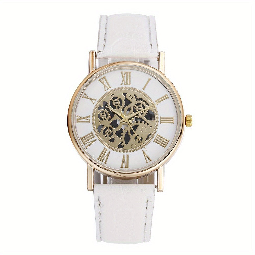 Leisure Couple Watch Roman Hollow Mechanical Quartz Leather Strap