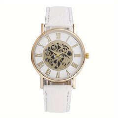 Leisure Couple Watch Roman Hollow Mechanical Quartz Leather Strap
