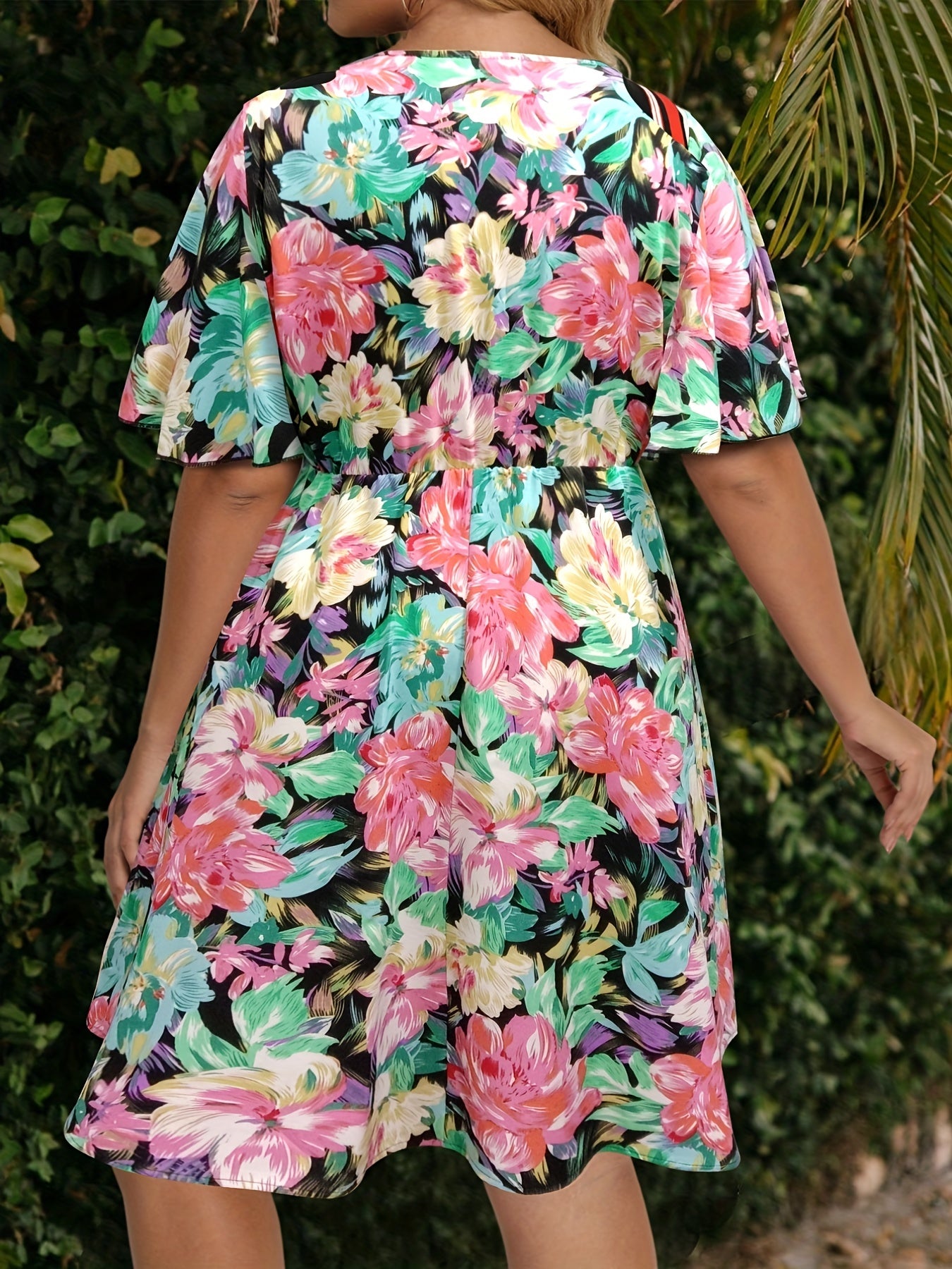  Floral Print Flutter Sleeve Surplice Neck Dress
