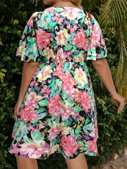  Floral Print Flutter Sleeve Surplice Neck Dress