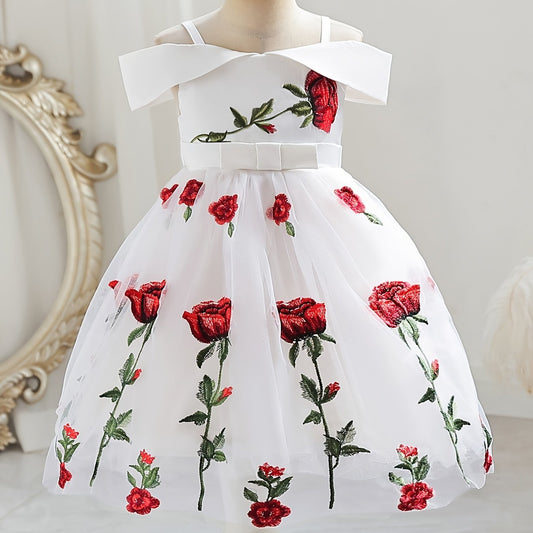 Girls Off Shoulder Princess Dress Flowers Embroidery Bow Mesh Dress