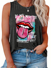  Casual Tank Top Women's Plus Slogan & Lip Print Round Neck Tank Top