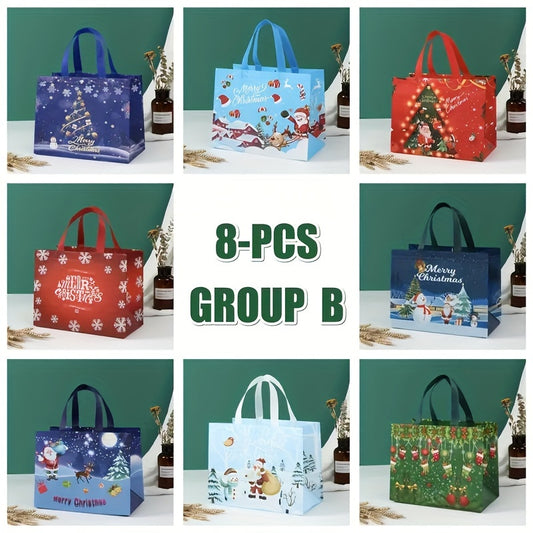 8pcs Christmas Gift Bags w/ Handles, Reusable Tote Bags, Non Woven M