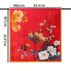 Vintage Peony Print Satin Silk Scarf Shawl Large Sunscreen Head Wrap