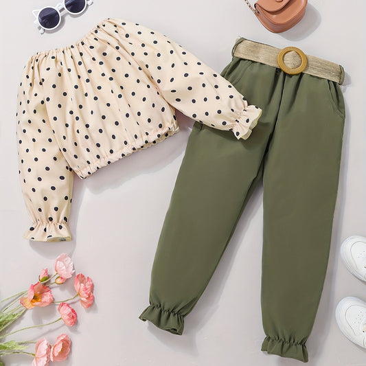 Girl's Polka Dots Top & Belted Pants Set for Spring Fall