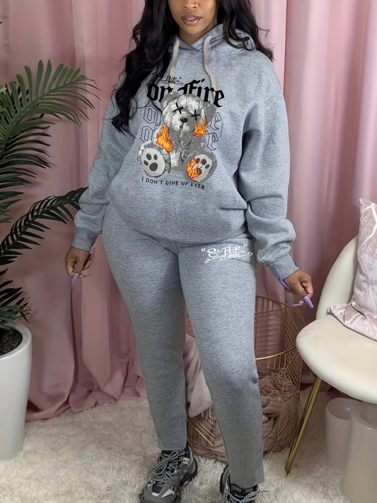 Flame Bear & Slogan Print Hoodie & Sweatpants Set