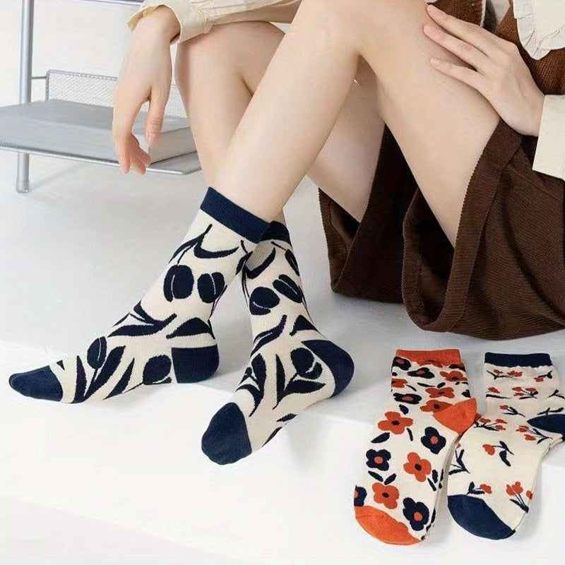 3 Pairs Floral Print Socks Comfy & Breathable Mid Tube Women's Stockings