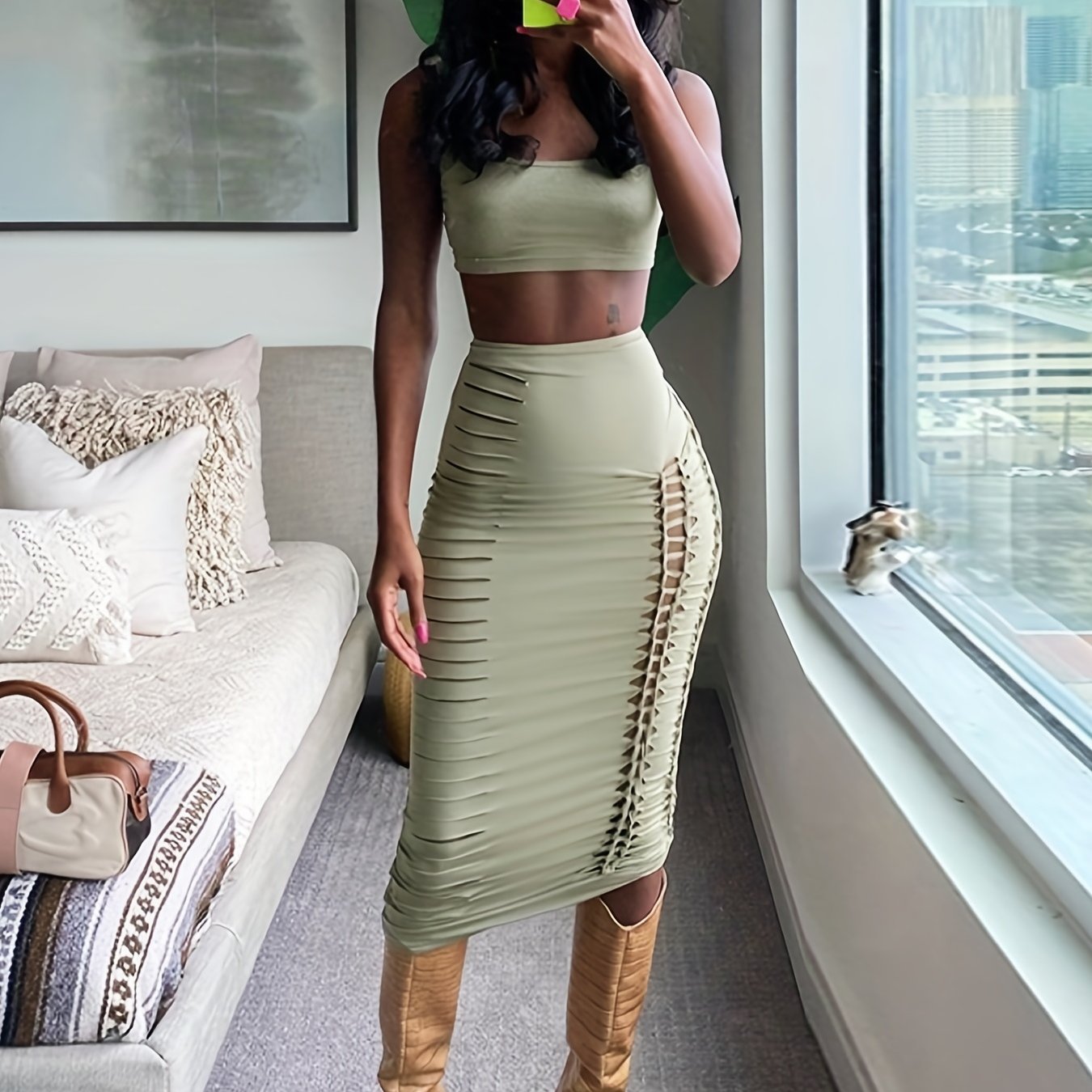 Sexy Solid Slim Two piece Skirt Set Crop Cami Top & Cut Out Skirt