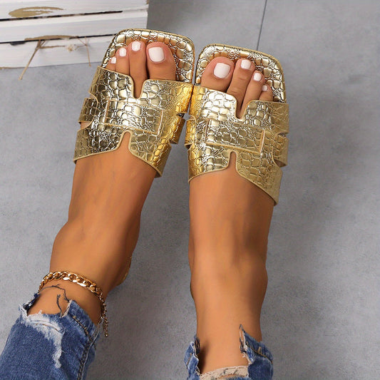 Crocodile Pattern Slide Sandals Flat Summer Shoes Square Toe Lightweight