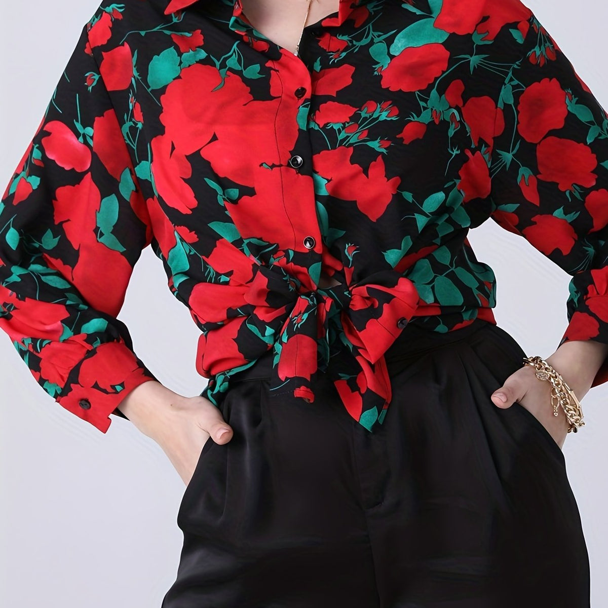  Floral Print Button Up Long Sleeve Blouse