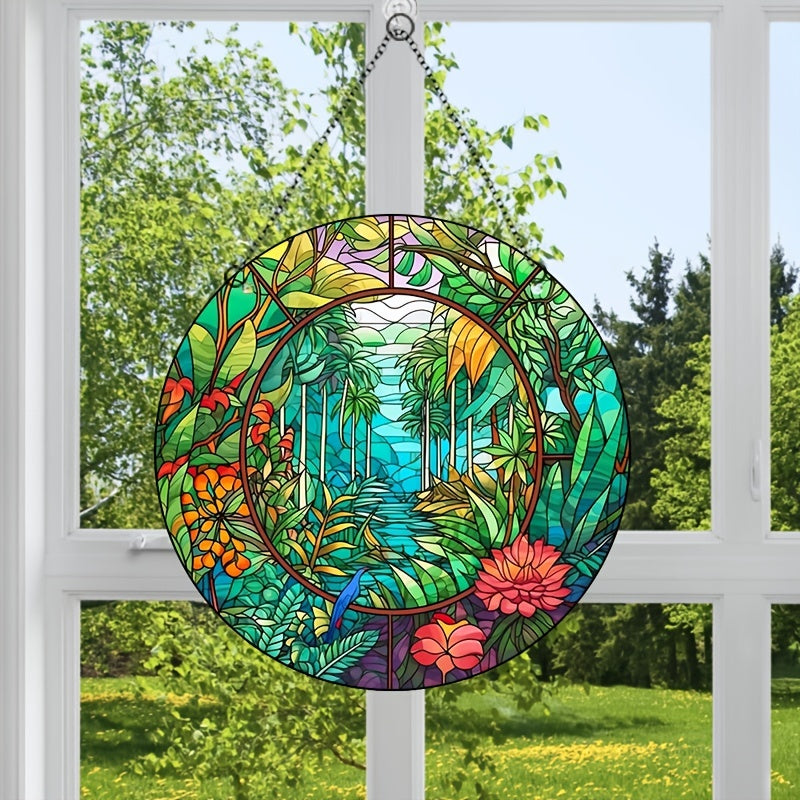 Acrylic Glass Coconut Tree Disc Ornament Jungle Flowers Plants Retro