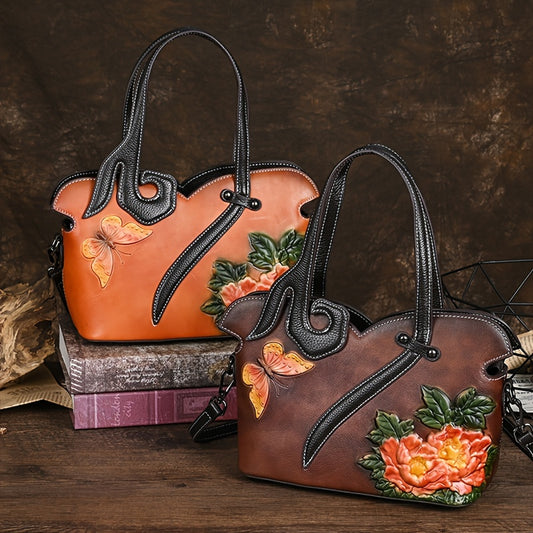 Women's Floral Embossed Leather Crossbody Bag Ethnic Style Coffee & Yellow