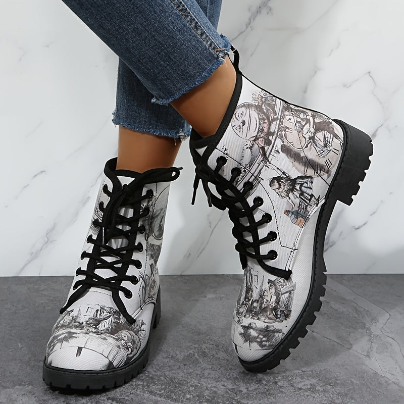 Gothic Style Print Ankle Boots Chunky Low Heel Lace Up Round Toe Combat Shoes