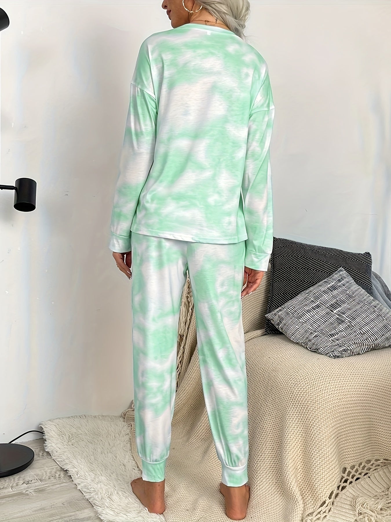 Tie Dye Print Lounge Set Long Sleeve Top & Pants Women's Loungewear
