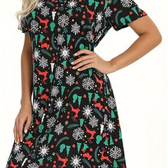  Christmas Nightdress Women's Plus Allover Print Short Sleeve Tee