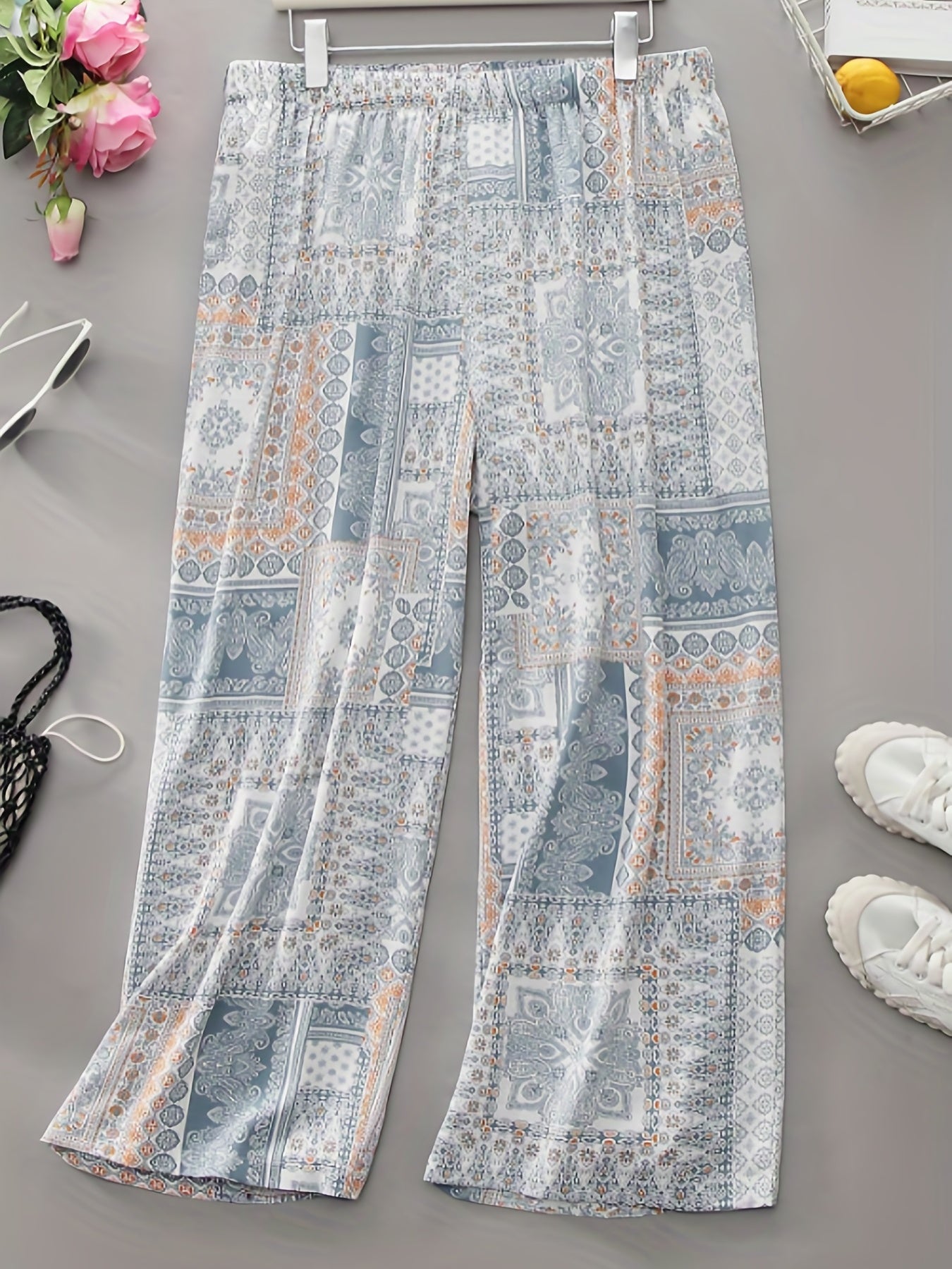 Boho Patchwork Print Wide Leg Pants Plus Size