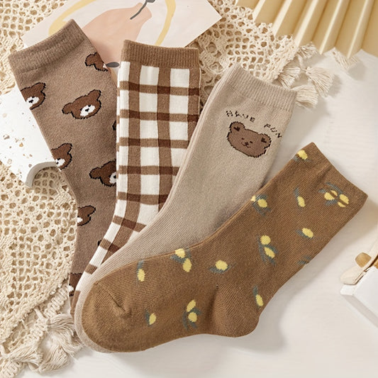 4 Pairs Cartoon Teddy Bear Crew Socks for Kids