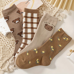 4 Pairs Cartoon Teddy Bear Crew Socks for Kids