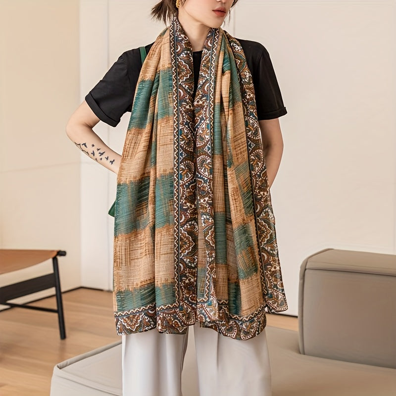 Vintage Plaid Print Scarf Large Shawl Boho Paisley Print Cape