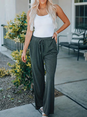 Solid Elastic Drawstring High Rise Straight Leg Pants
