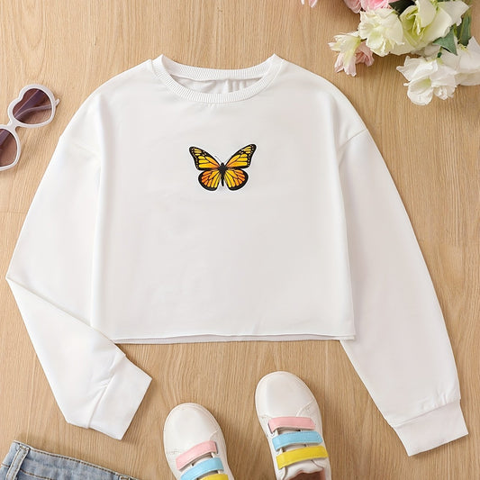 Butterfly Graphic Girl's Sweatshirt Long Sleeve Round Neck Crop Tops Pullover