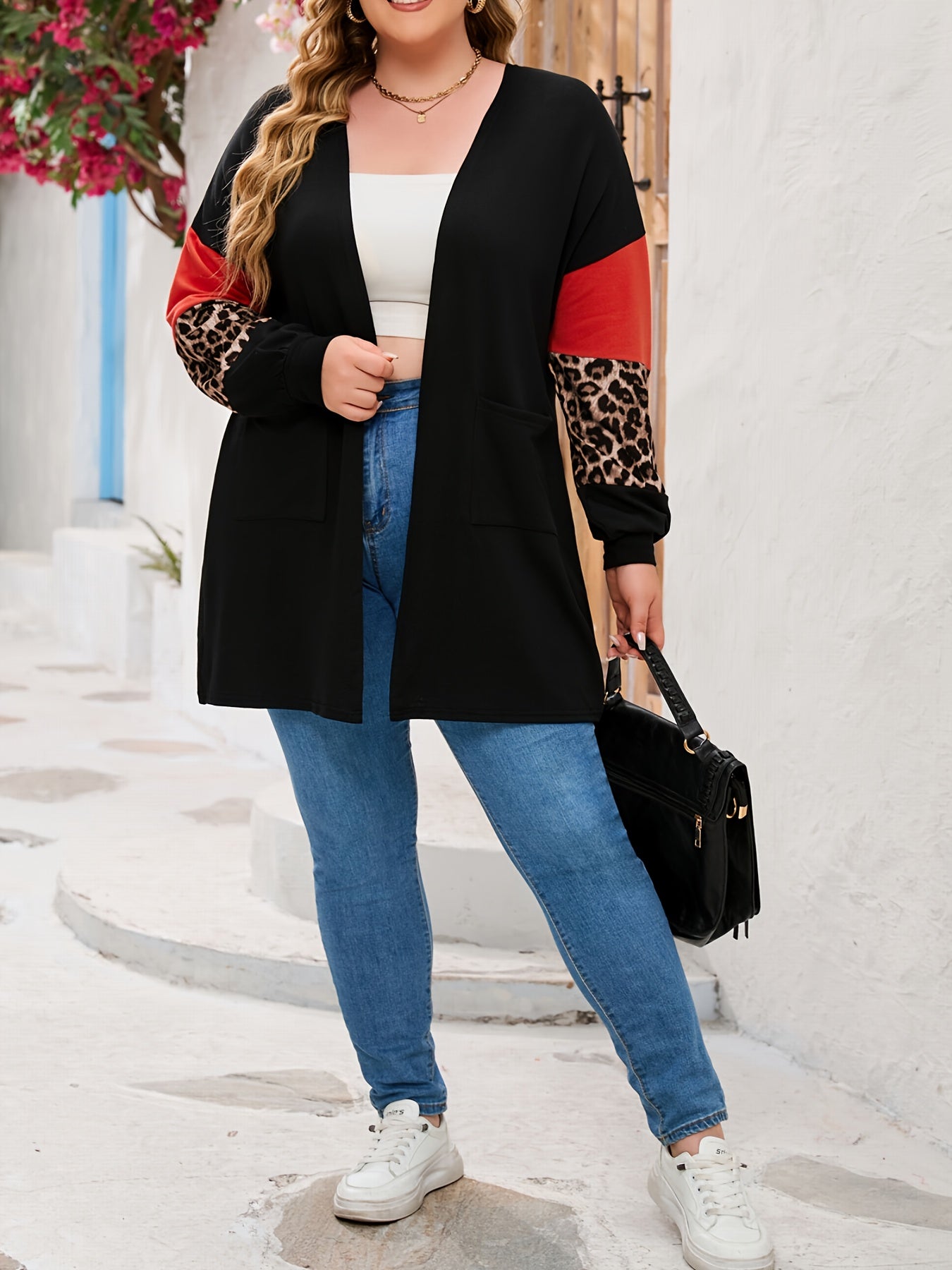  Colorblock Leopard Print Open Front Cardigan