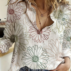  Daisy Print Long Sleeve Button-Up Collar Shirt