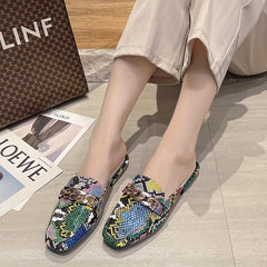 Women's Crocodile Print Chain Mules Square Toe Slipper Shoes