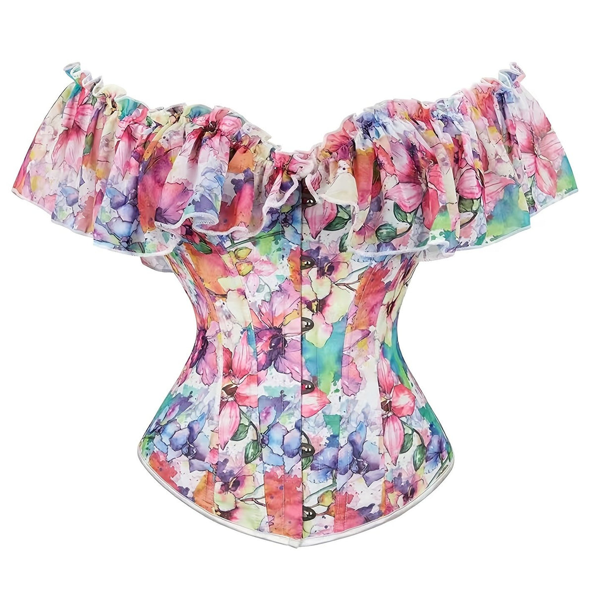 Pastel Floral Corset Top Off Shoulder All Over Print Adjustable Waist Cincher